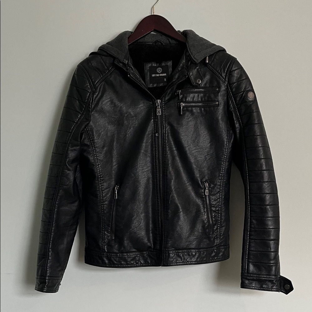 Loft the Original Slim Fit Men’s Black Faux Leather Bomber Moto Jacket Hoodie S